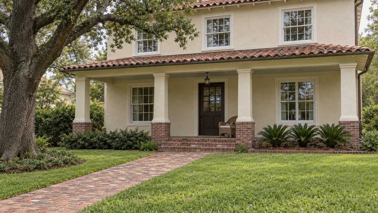 Ivory stucco home with a clay tile roof, covered brick porch and deep front lawn beside a mature live oak.