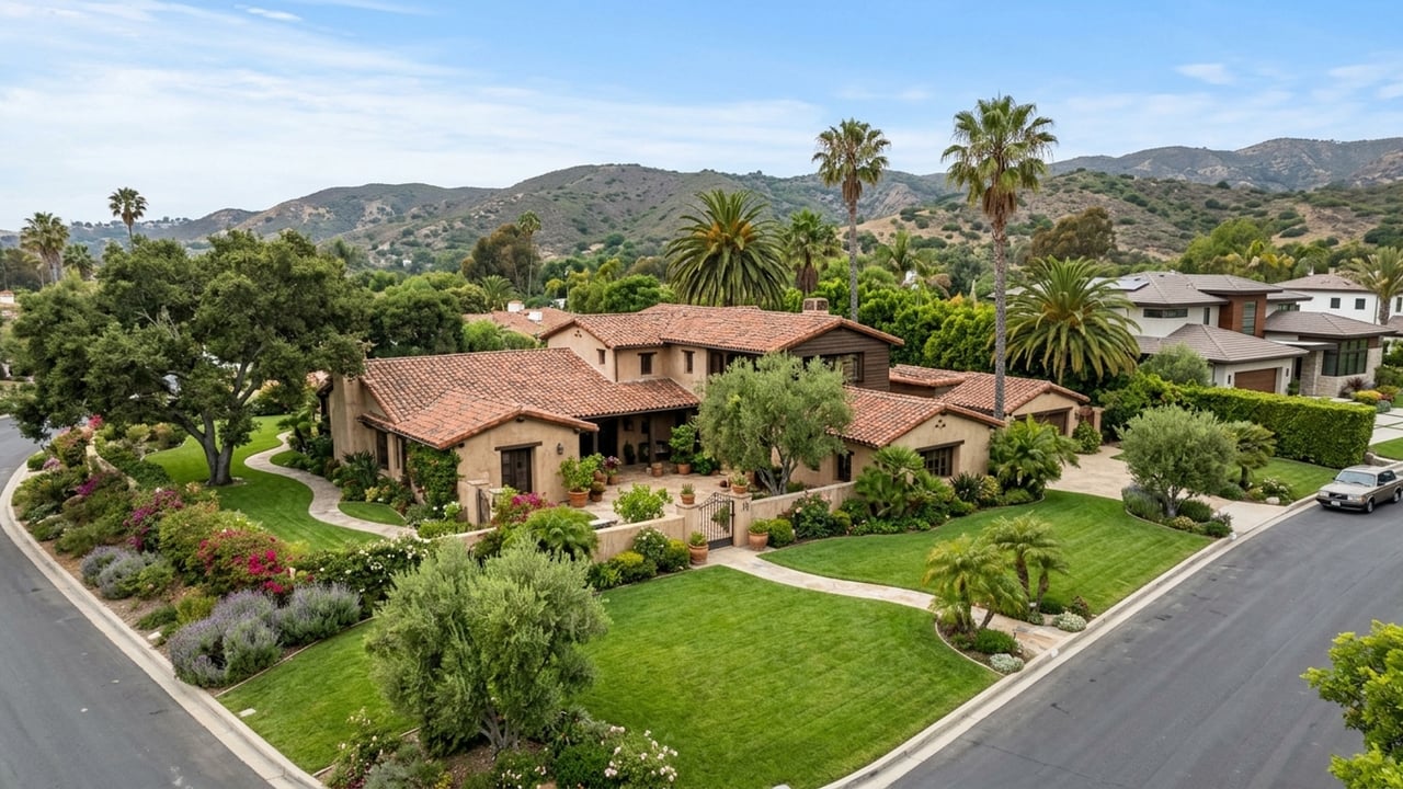 Aerial view of a Spanish-style home with terracotta roofs, landscaped gardens, palm trees, and hills beyond.