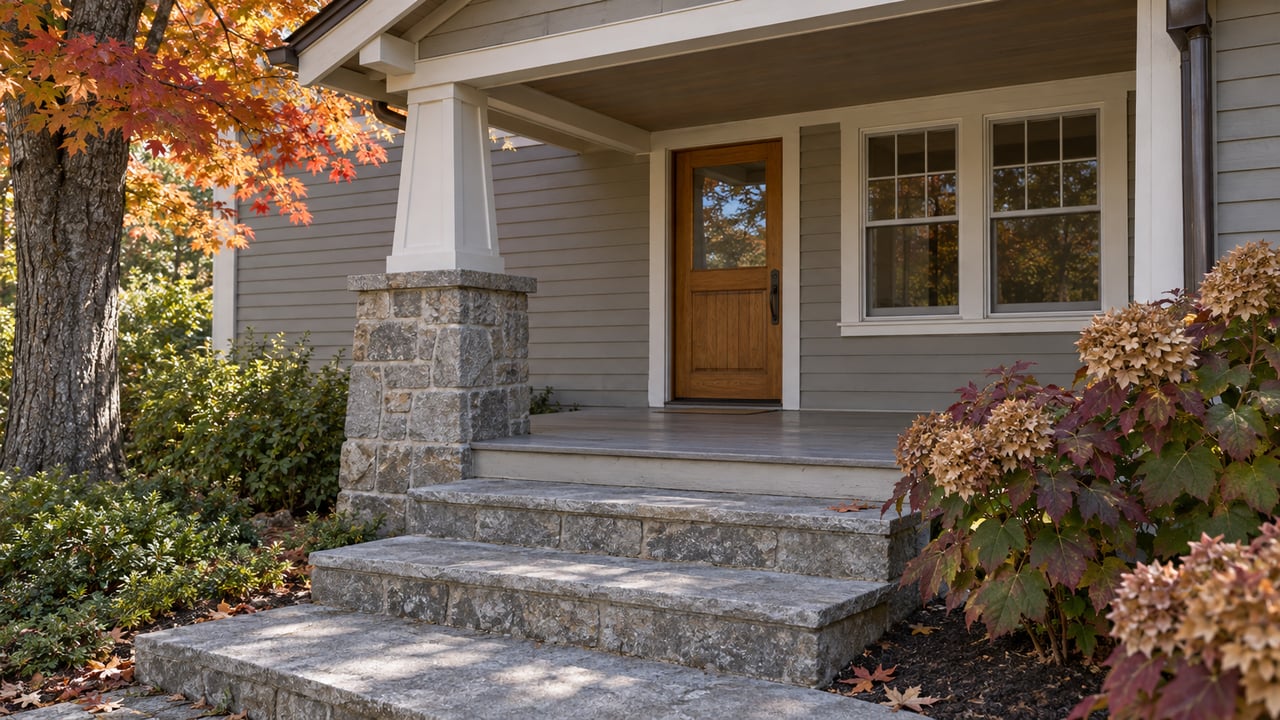 Autumn light on a covered clapboard home's oak entry, stone porch pier and broad stone steps beside oakleaf hydrangeas.