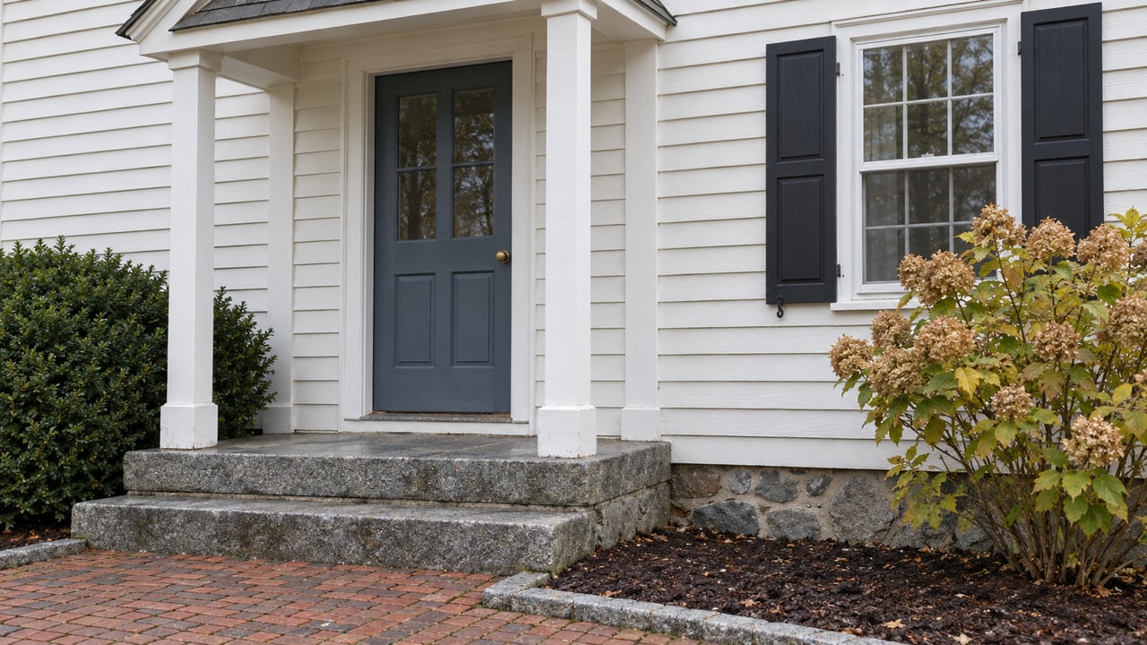 Slate-blue front door beneath a small gabled canopy, beside white clapboard siding, a shuttered window, granite steps, and autumn hydrangea.