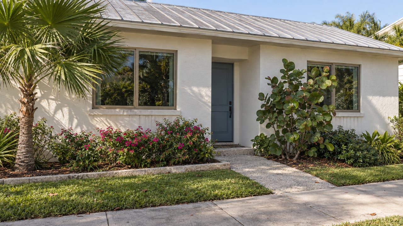 One-story stucco home with a metal roof, shaded entry, two windows, and a palm beside its planted yard.