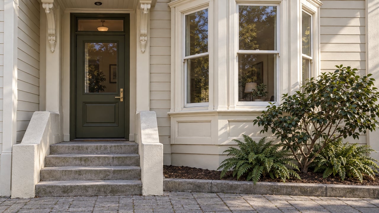 Ivory timber facade with an olive glazed entry door, worn concrete steps and a three-sided bay beside a camellia and sword ferns.