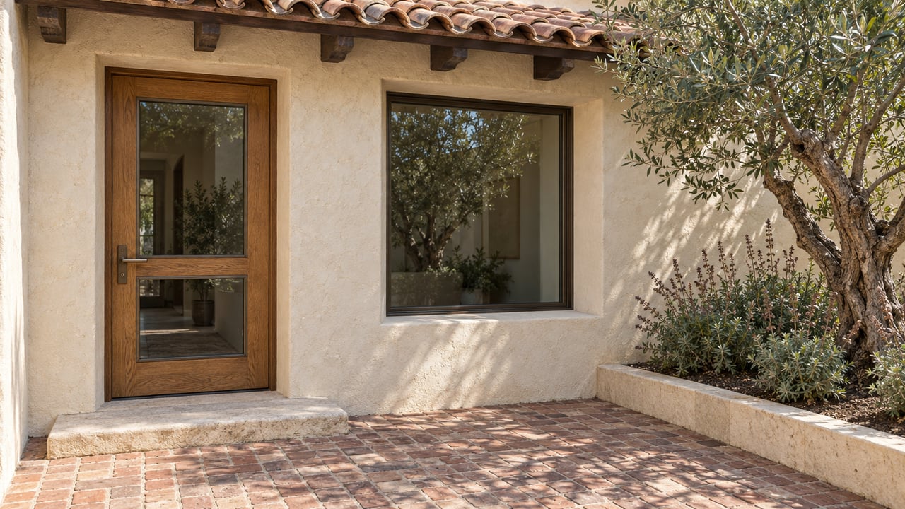 Sunlit lime-plaster residential entrance with an oak-and-glass door, terracotta canopy, worn brick paving and a sculptural olive tree in a raised stone-bordered bed.