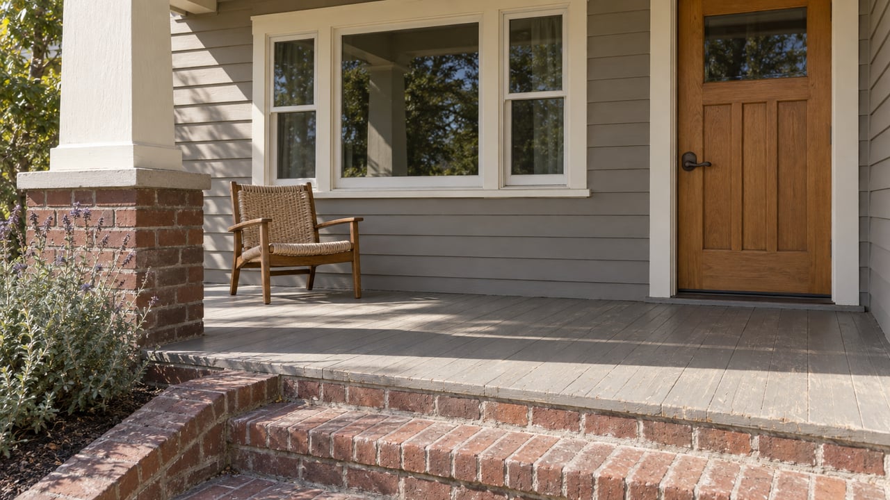 Close view of a bungalow porch with gray lap siding, a wood front door, cream-framed windows, worn brick steps and flowering sage.