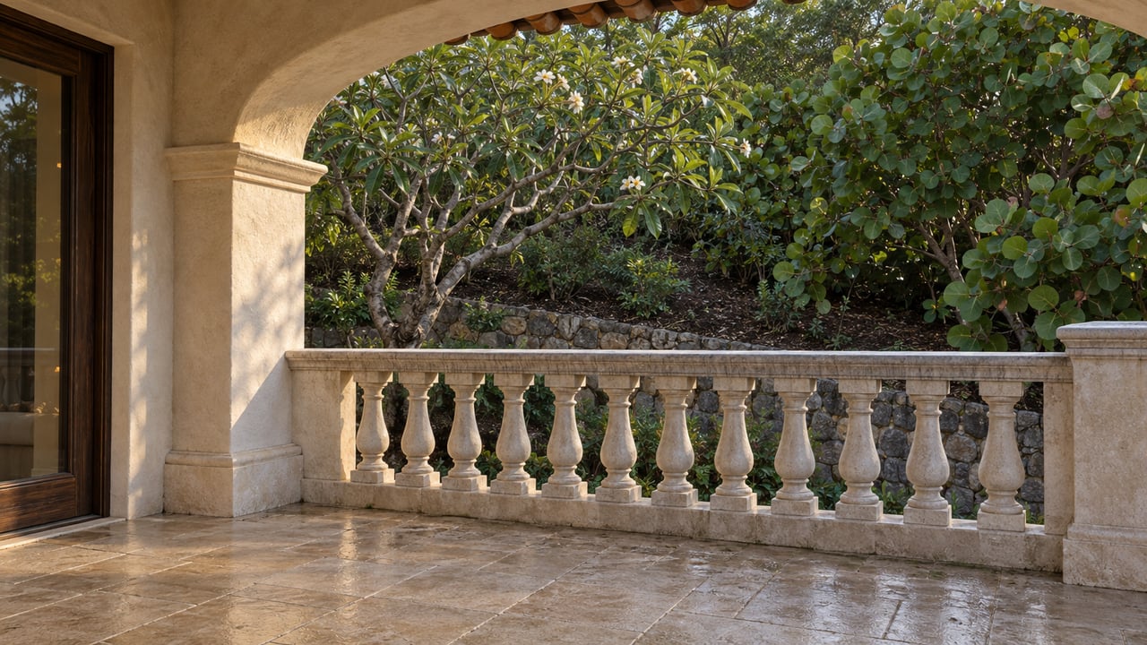 Ivory stucco terrace arch and limestone balustrade in warm afternoon light, overlooking flowering plumeria and sea grape foliage.
