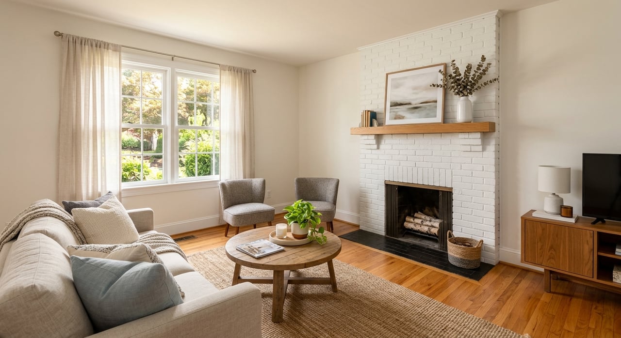 Light gray sofa and walnut coffee table face a painted-brick fireplace, with sunlit windows and a potted fiddle-leaf fig.