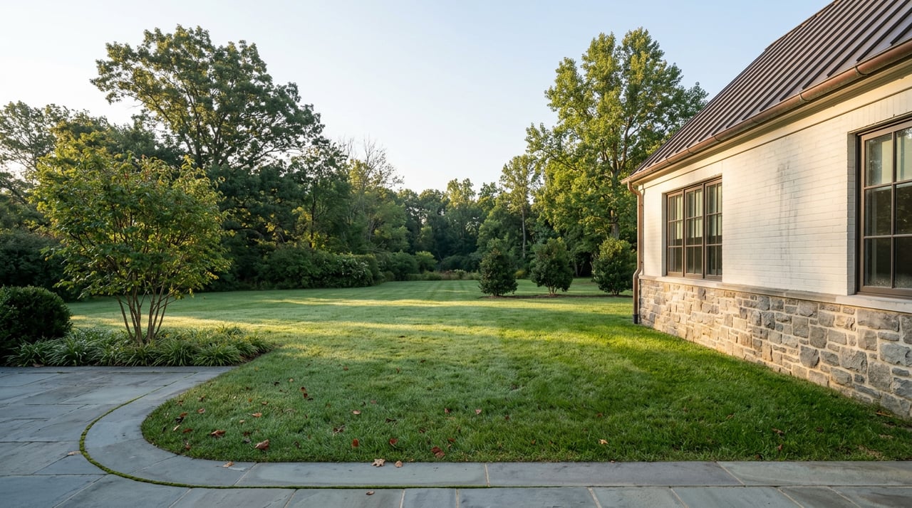 Deep lawn and bluestone terrace beside a stone-and-brick home, backed by mature trees.