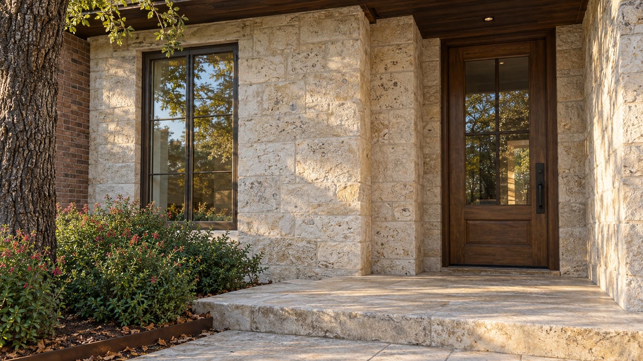 Recessed oak-and-glass entry beside a bronze-framed window in a pale limestone facade.