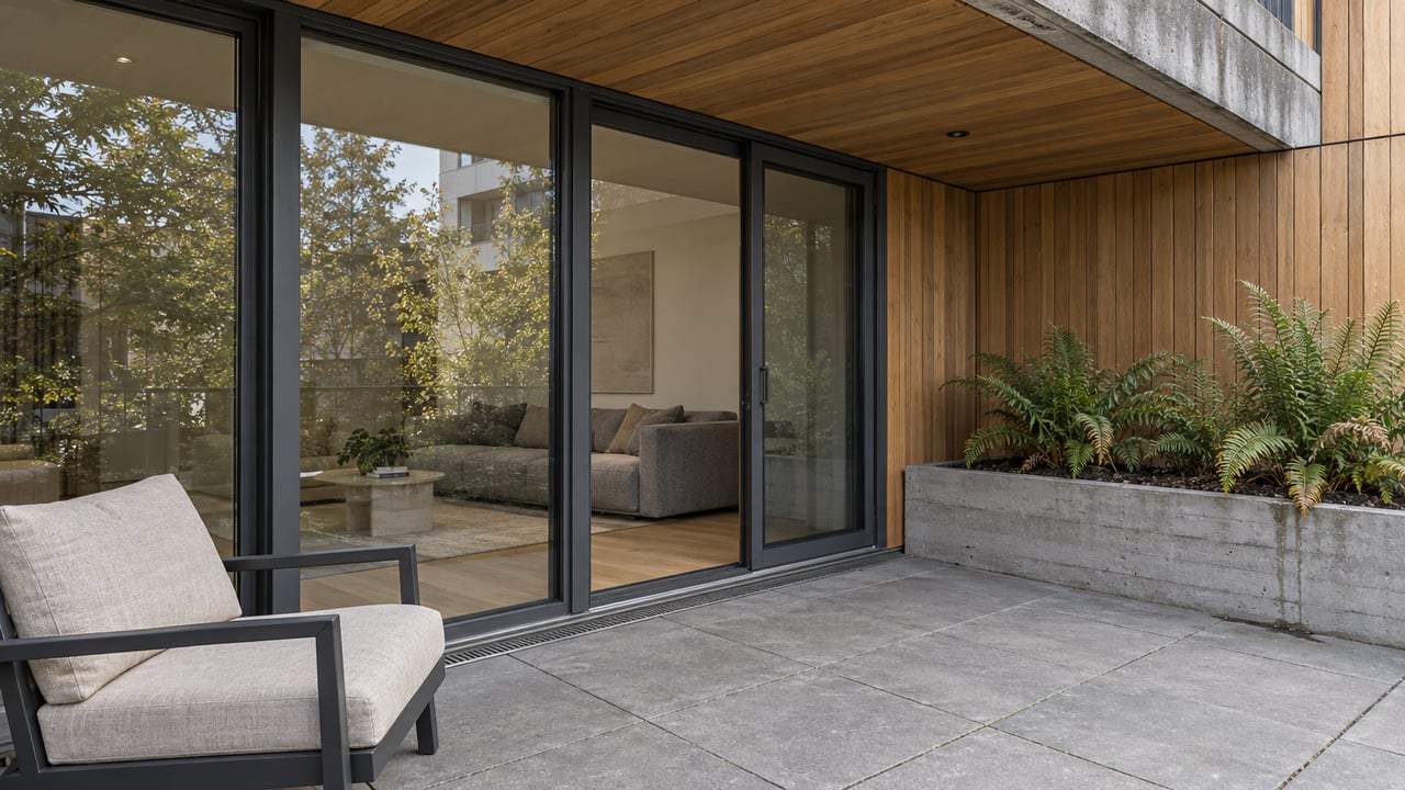 Modern condominium terrace with cedar cladding, dark-framed glazing, gray paving, and sword ferns in a raised concrete planter.