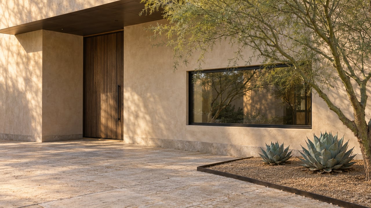 Recessed timber front door beside a black-framed window, shaded by an overhang with a desert tree and agaves.