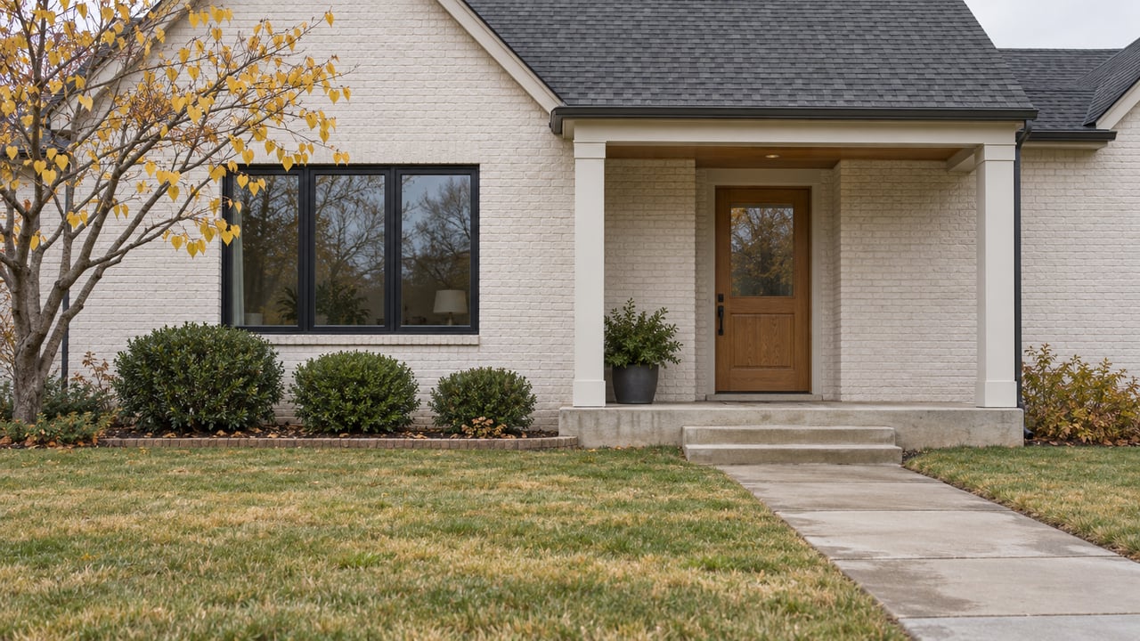 White brick home with a covered oak-door entry, black-framed window, autumn lawn, and a yellow-leaved redbud.