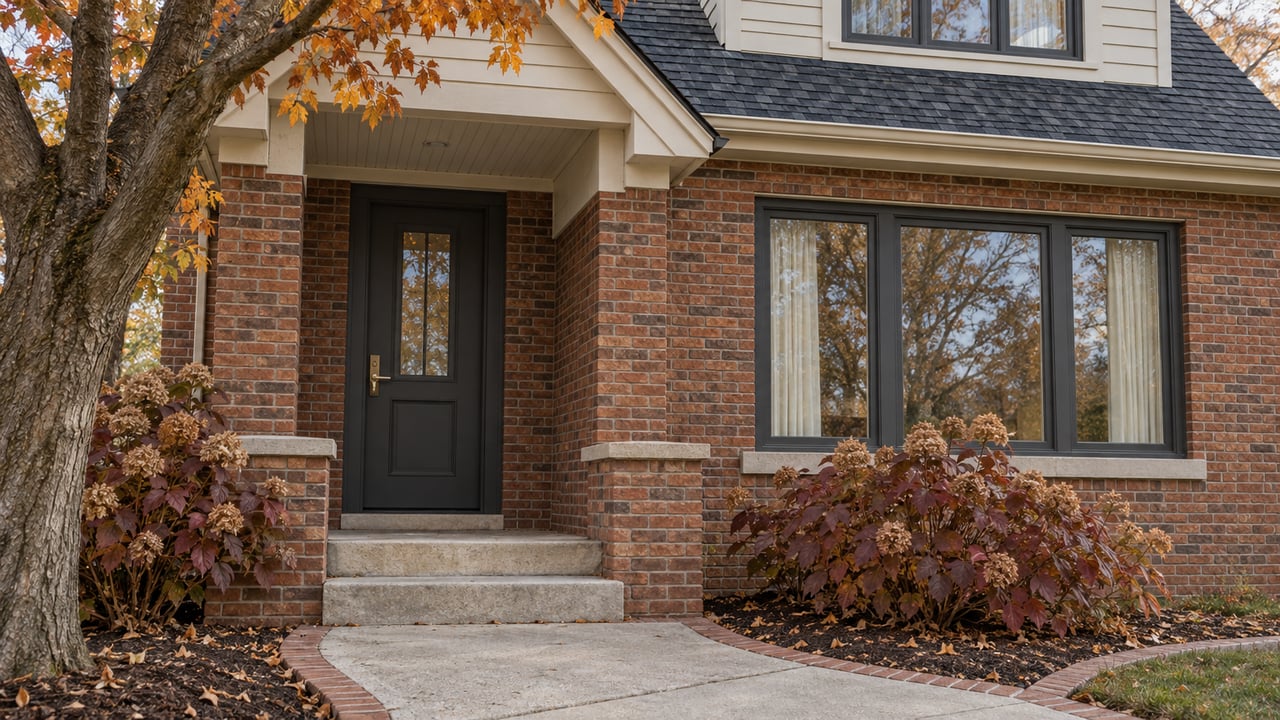 Brick home entrance with limestone steps, a charcoal door, broad windows, and burgundy oakleaf hydrangeas in soft autumn light.