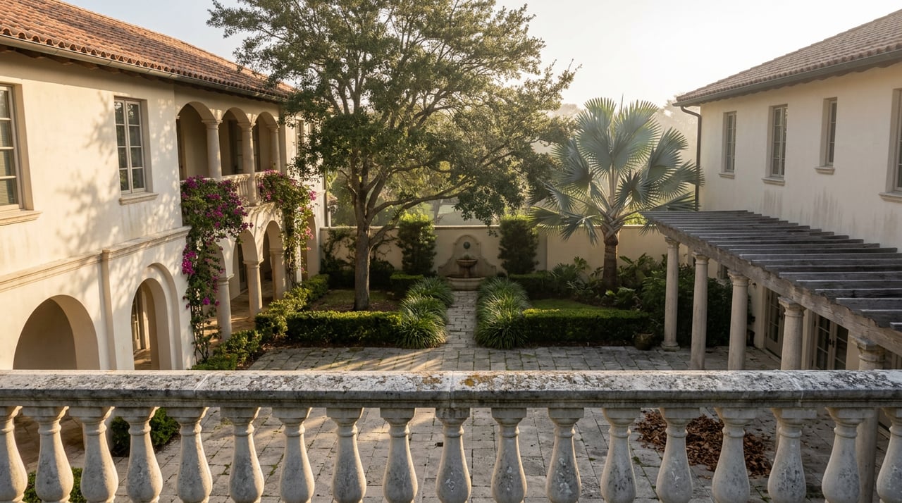 Walled estate courtyard with a stone balustrade, live oak, silver-blue palm, and arched stucco loggia.