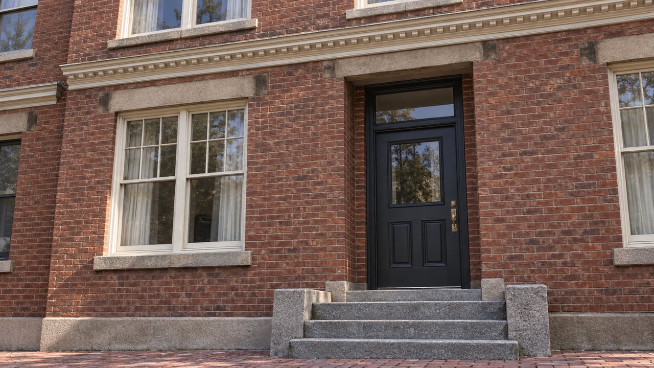 Restored brick residential entrance with cream sash windows, a charcoal door and worn granite steps.