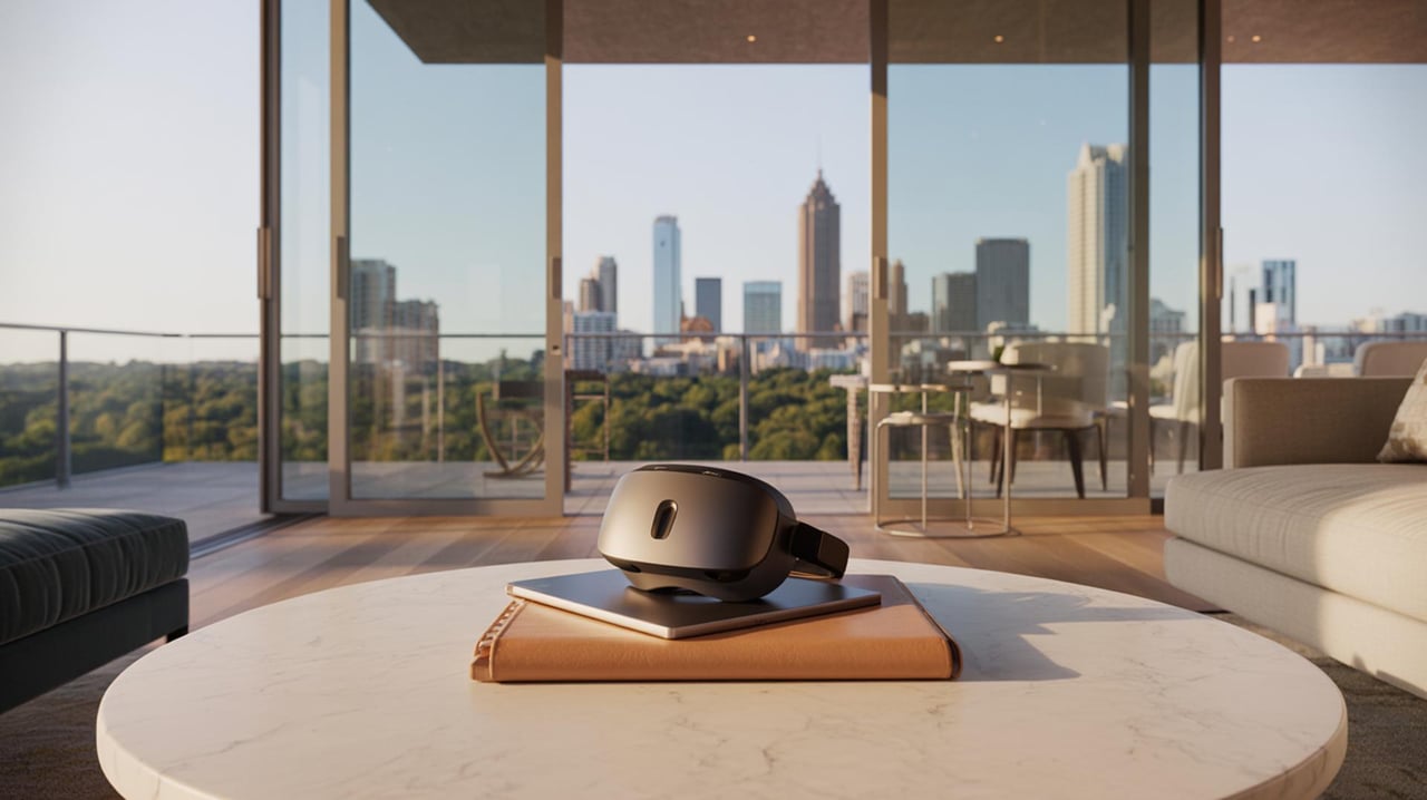 Modern living room with a stunning view of city skyline