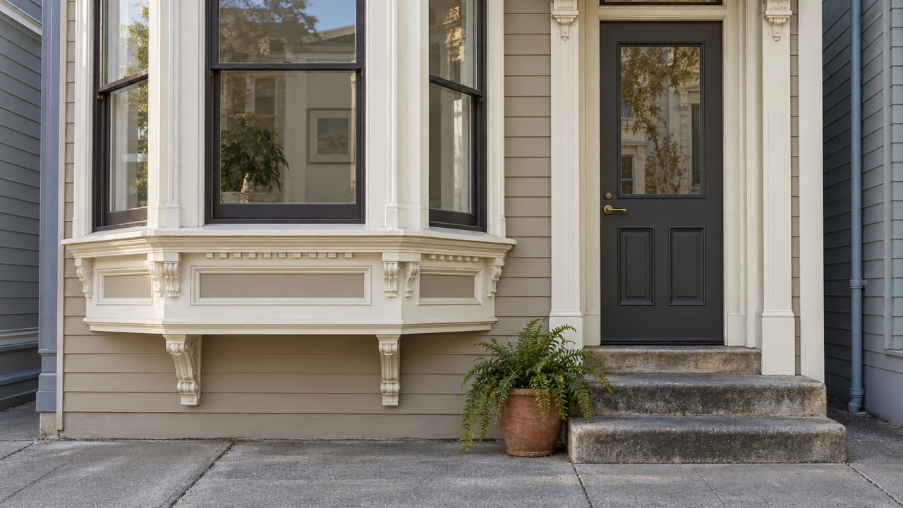 Putty-painted townhouse facade with a projecting bay window, charcoal entry door, worn stone steps, and a potted fern.