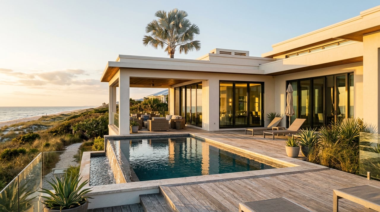 Contemporary coastal home with glass sliders, a covered loggia, and turquoise pool beneath a silvery palm.