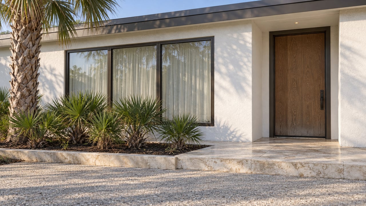 Sunlit white stucco home entrance beside bronze-framed windows, with limestone terrace paving and carefully placed palms.