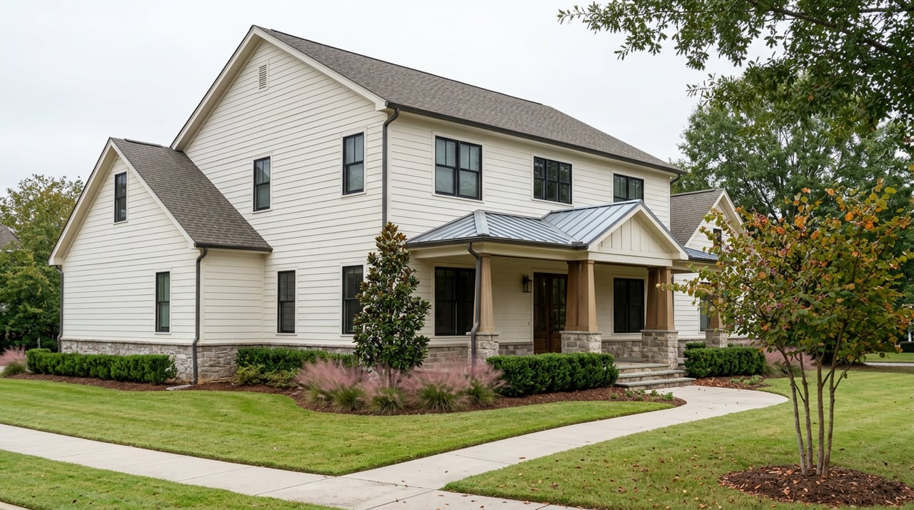 Two-story white-sided house with stone accents, covered porch, curved walkway, and broad lawn beneath an oak canopy.