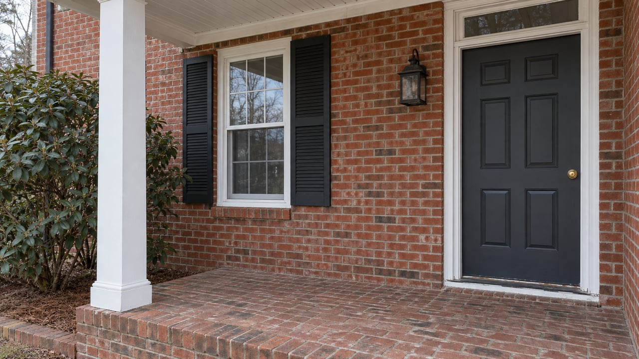 Traditional red brick home's covered porch with charcoal front door, white trim, shuttered window and an azalea beside the raised brick paving.