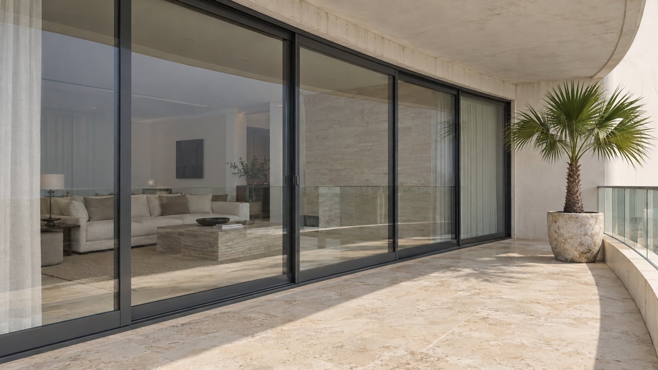 High-rise terrace with pale limestone paving, curved glass balustrade, and a fan palm in a stone planter.