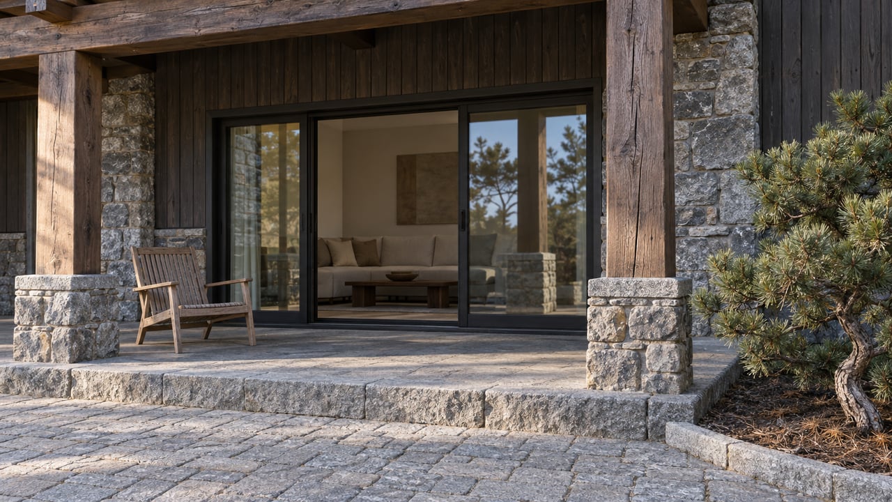 Timber and stone condominium terrace with glazed doors, a teak chair, and a sculptural bristlecone pine.