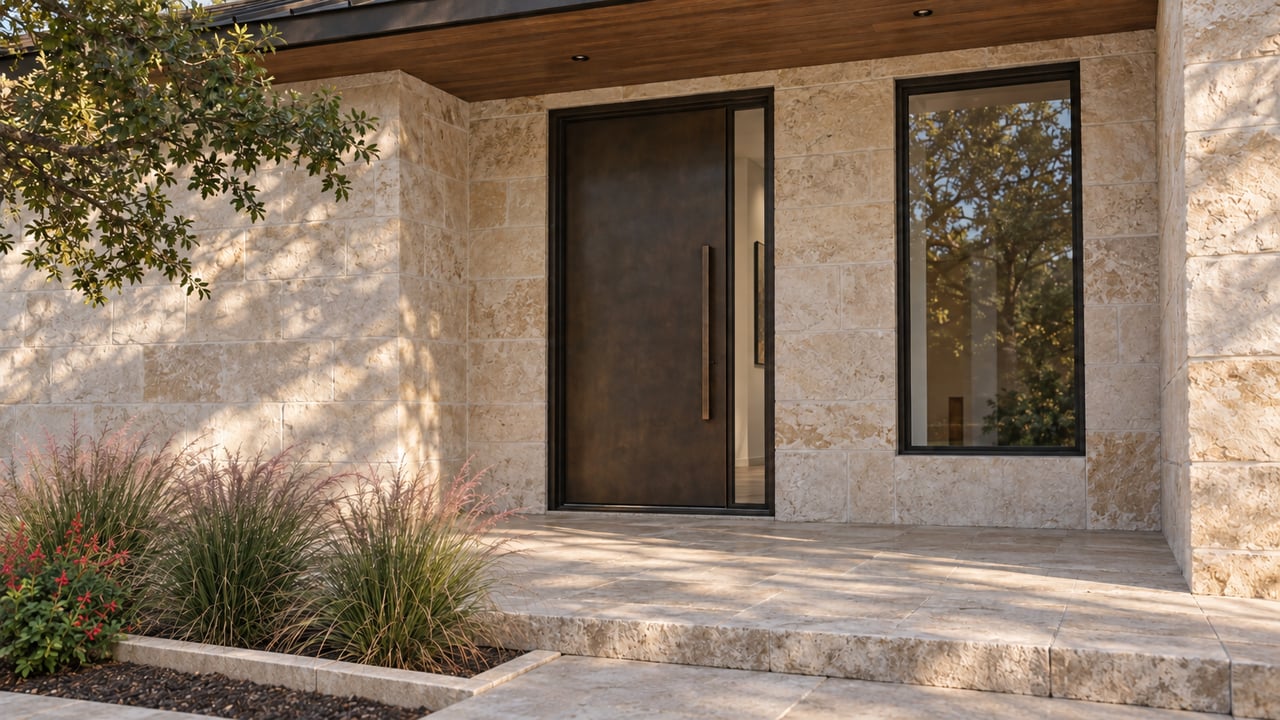 Stone entry walk edged by a low limestone curb beside dark soil, grasses, and red-flowering sage.