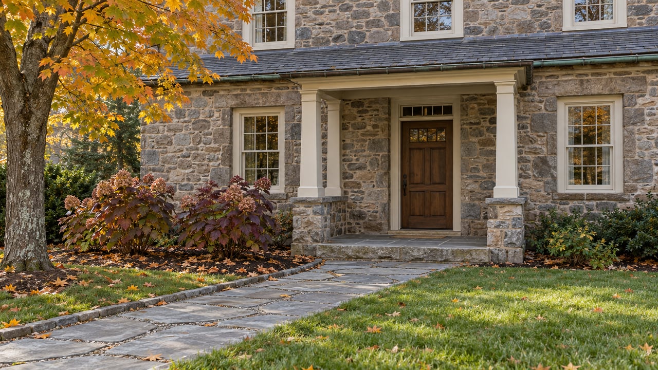 Historic fieldstone home with a slate roof, timber sash windows, and a flagstone approach beside an autumn garden.