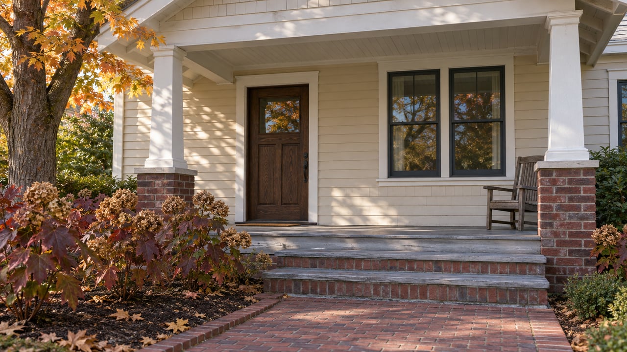 Autumn sunlight on a cream clapboard bungalow porch with brick steps, a maple tree and oakleaf hydrangeas.