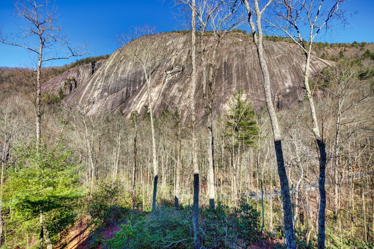 Granite face of Cow Rock Mountain above winter hardwoods in Lonesome Valley near Cashiers, NC