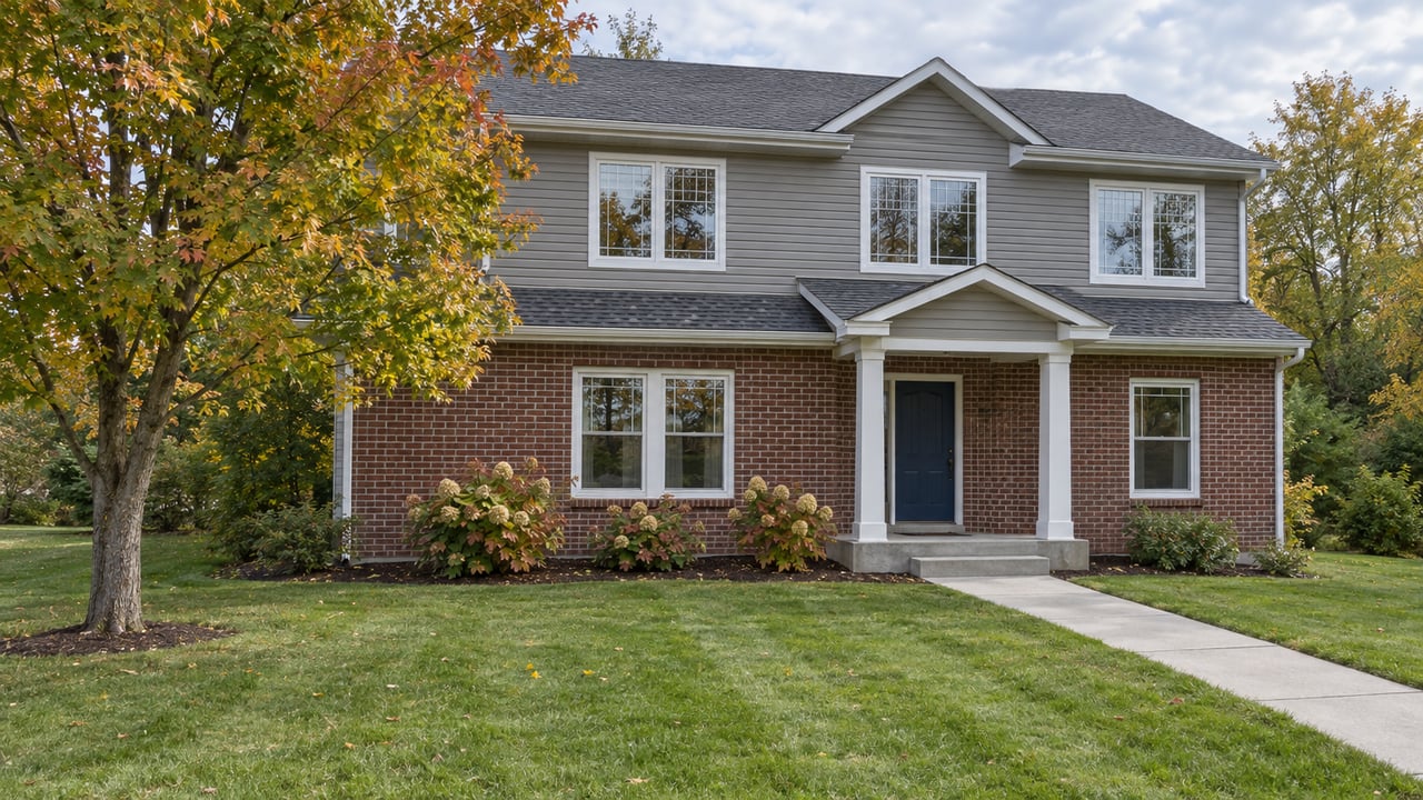 Two-story house with gray siding, red-brown brick, a covered entry and a broad lawn beside an autumn maple.