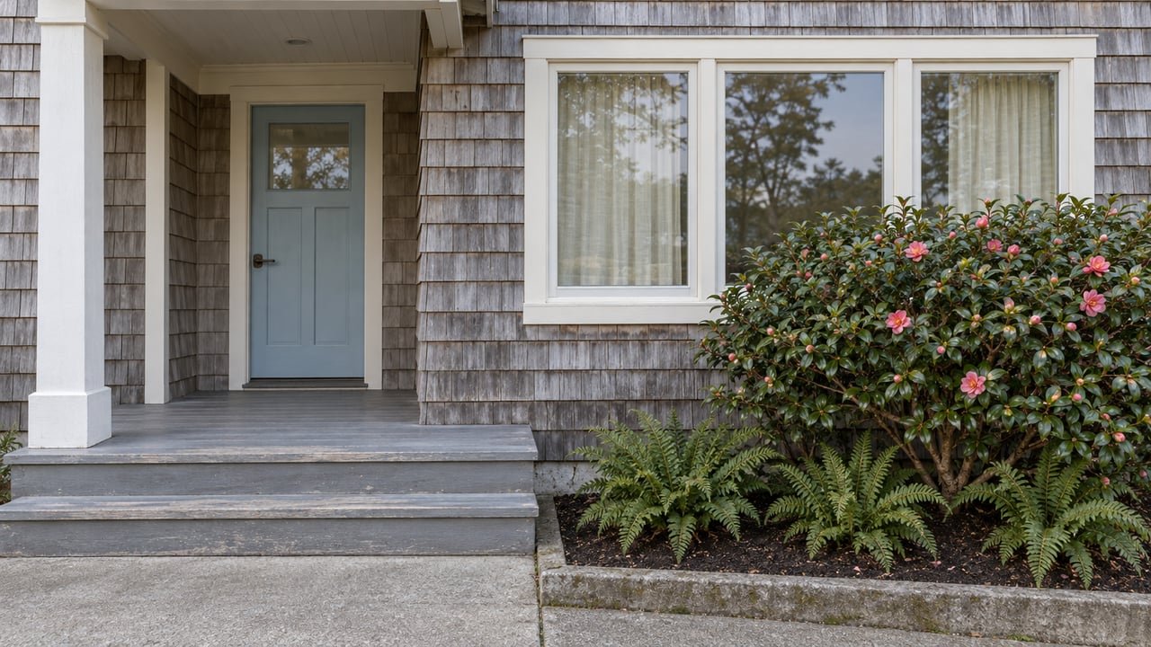 Weathered cedar-shingle home with a pale-blue front door, white-trimmed window, gray wood porch and camellia planting.