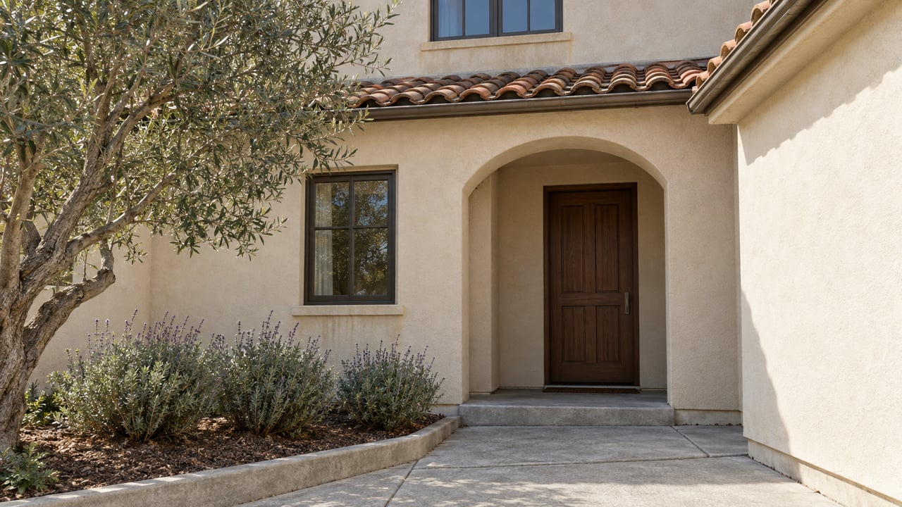Sunlit ivory stucco home entry with clay roof tiles, a timber door, concrete walk and a mature olive tree.