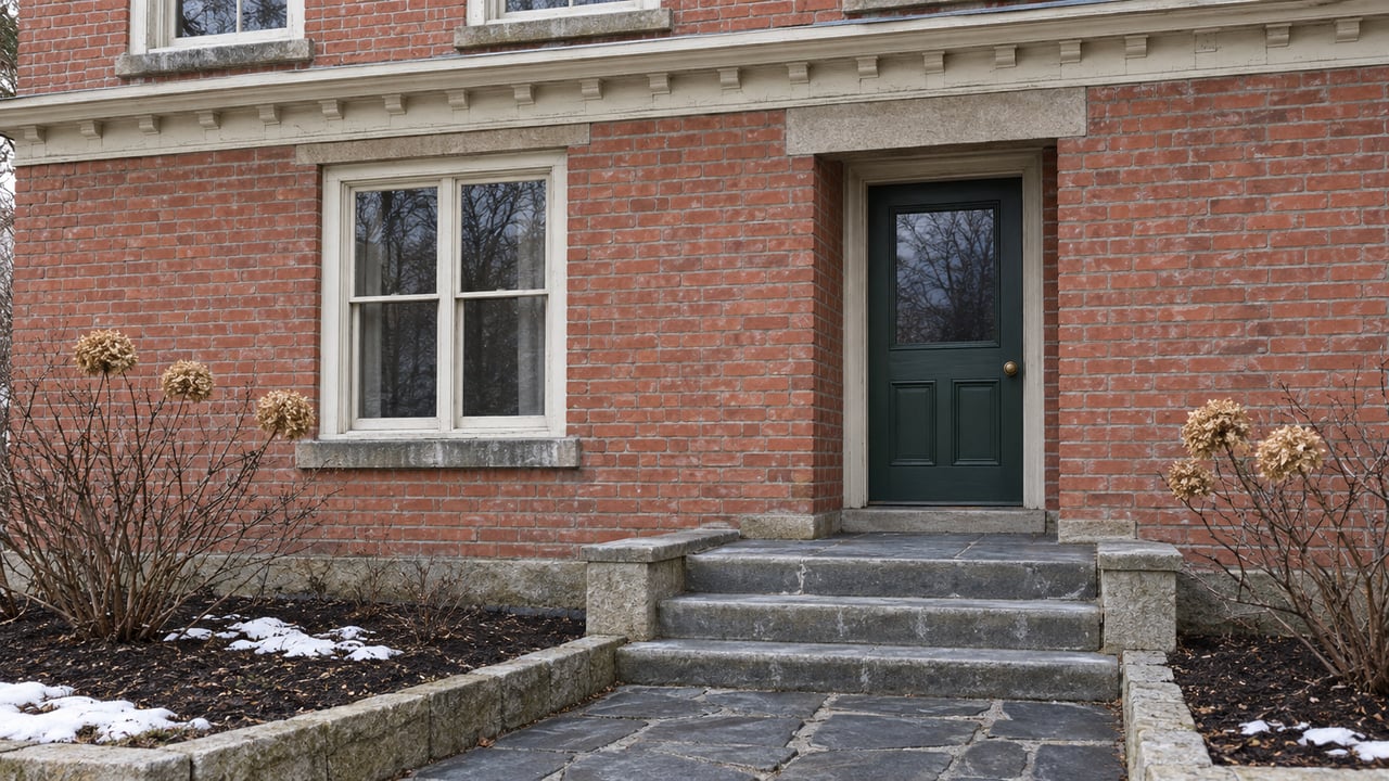 Historic red-brick home with sash windows, a deep green front door, worn bluestone steps and winter hydrangeas.
