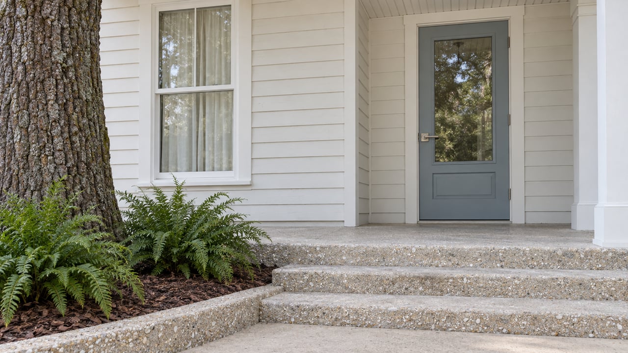 Close view of a coastal home's pale timber entry, glazed door and shell-aggregate steps beside a mature live oak.