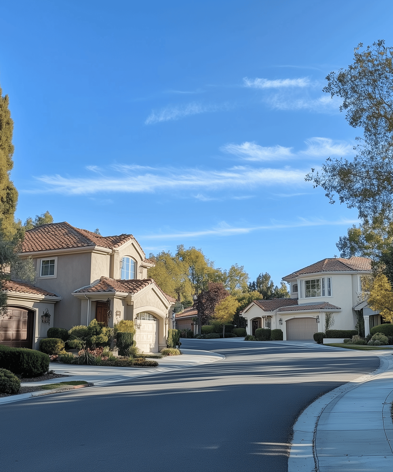 Residential street with stucco homes, red tile roofs, and landscaped yards.