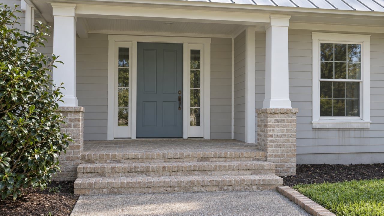 A pale-sided home with a shaded veranda, blue-gray front door, paired white columns and broad brick entry steps.