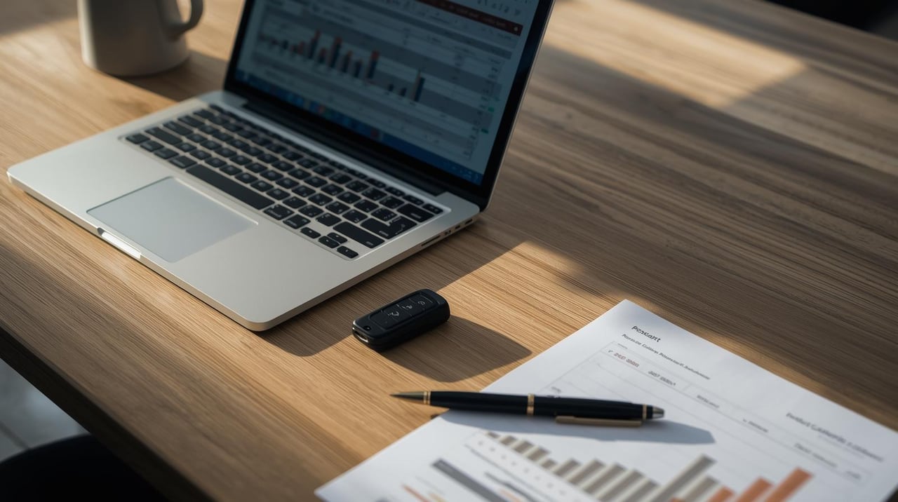 Laptop with charts, car key, pen, and paperwork on a sunlit wooden desk.