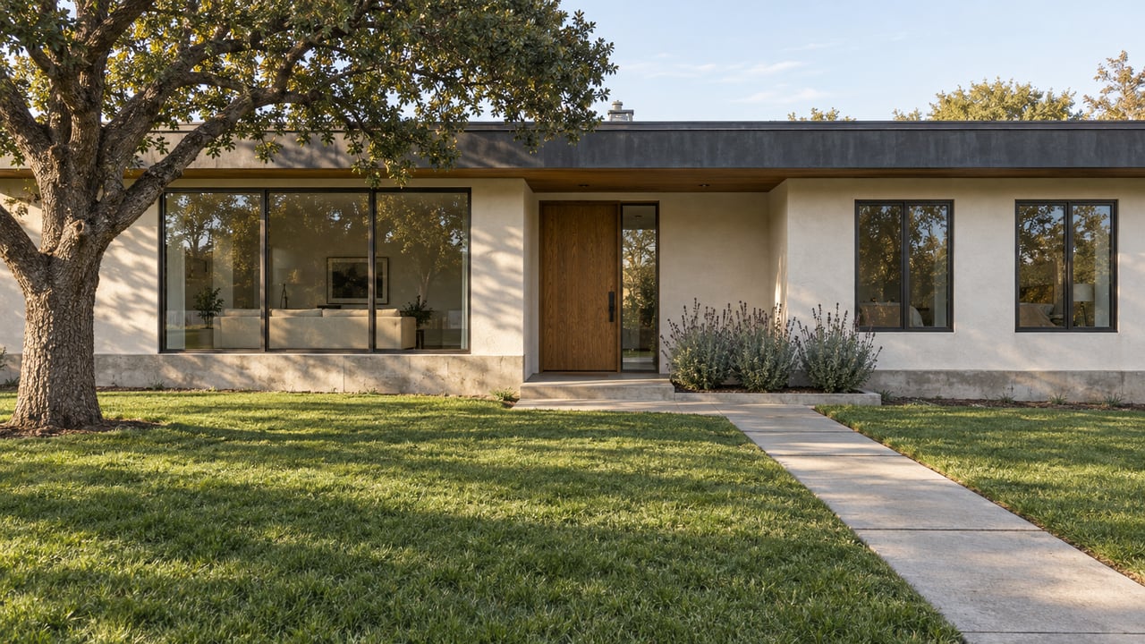 Low contemporary home behind a deep green lawn, with bronze-framed windows, a recessed oak entry and a mature oak tree in afternoon light.