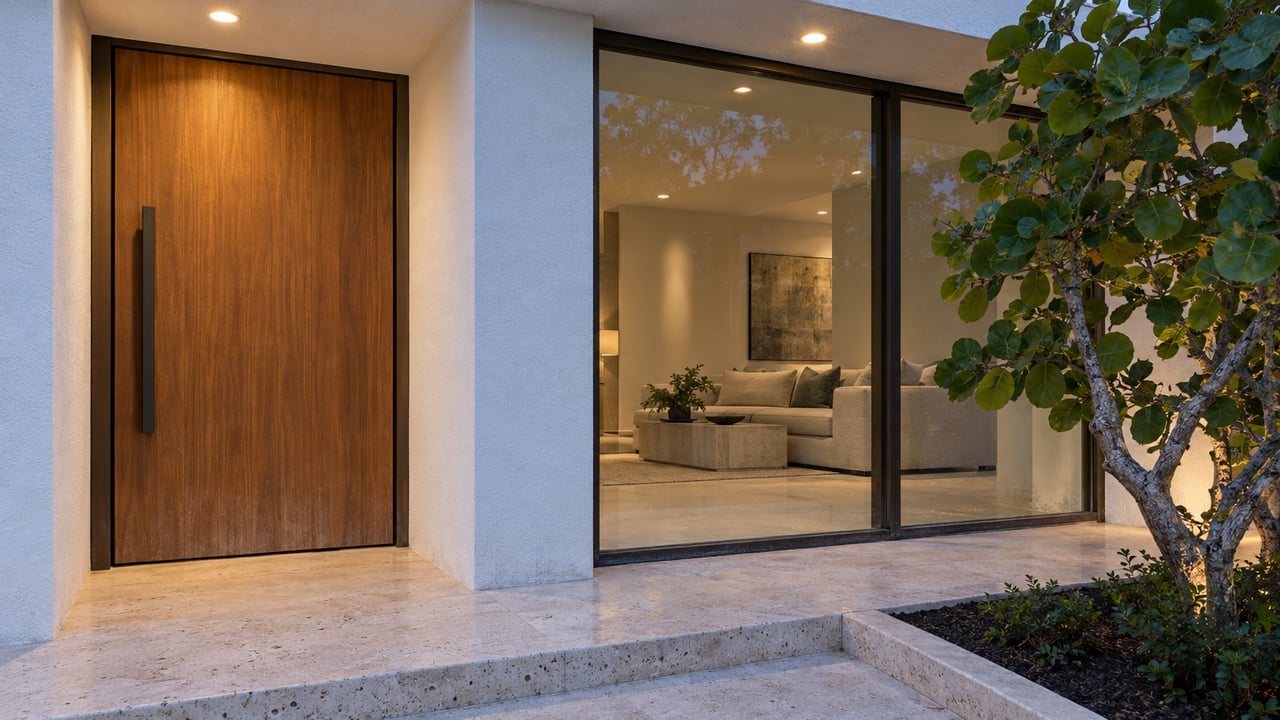 Contemporary covered entry at dusk with a teak door, white stucco, bronze-framed glazing and a sea grape specimen beside a shellstone landing.