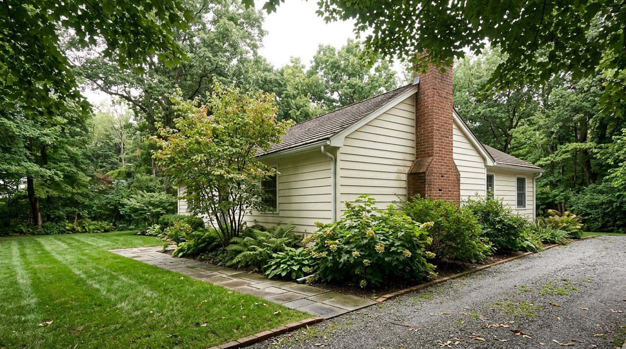 Cream-sided cottage with a brick chimney beyond a bluestone walk, bordered by striped lawn and leafy planting.