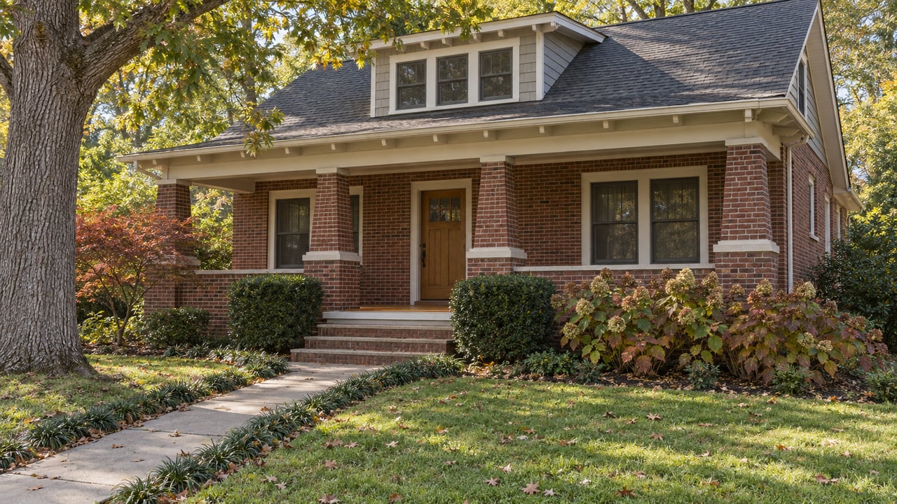 1920s red-brick Craftsman house with a broad columned porch, front walk, and mature fall plantings.