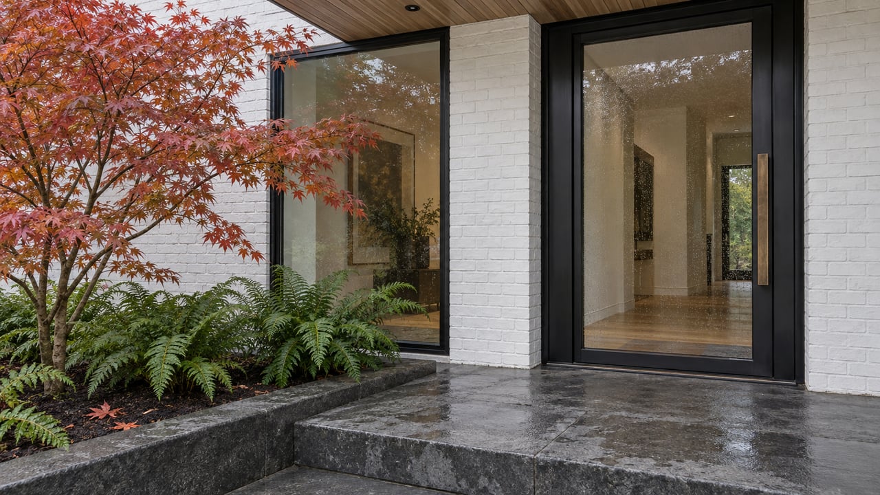 Rain-damp basalt steps lead to a glass entry in painted white brick beside a copper-red vine maple and sword ferns.