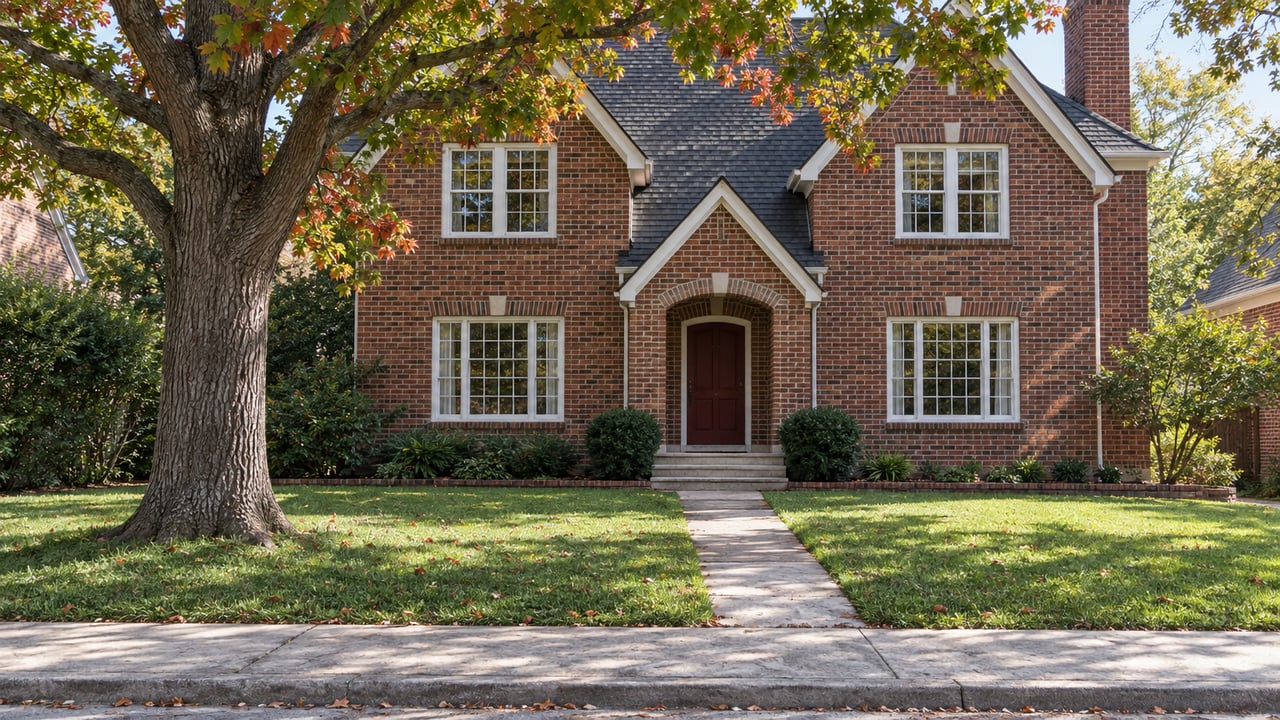 Two-story red-brick house behind a broad lawn, with a walkway and a partly rust-colored oak.