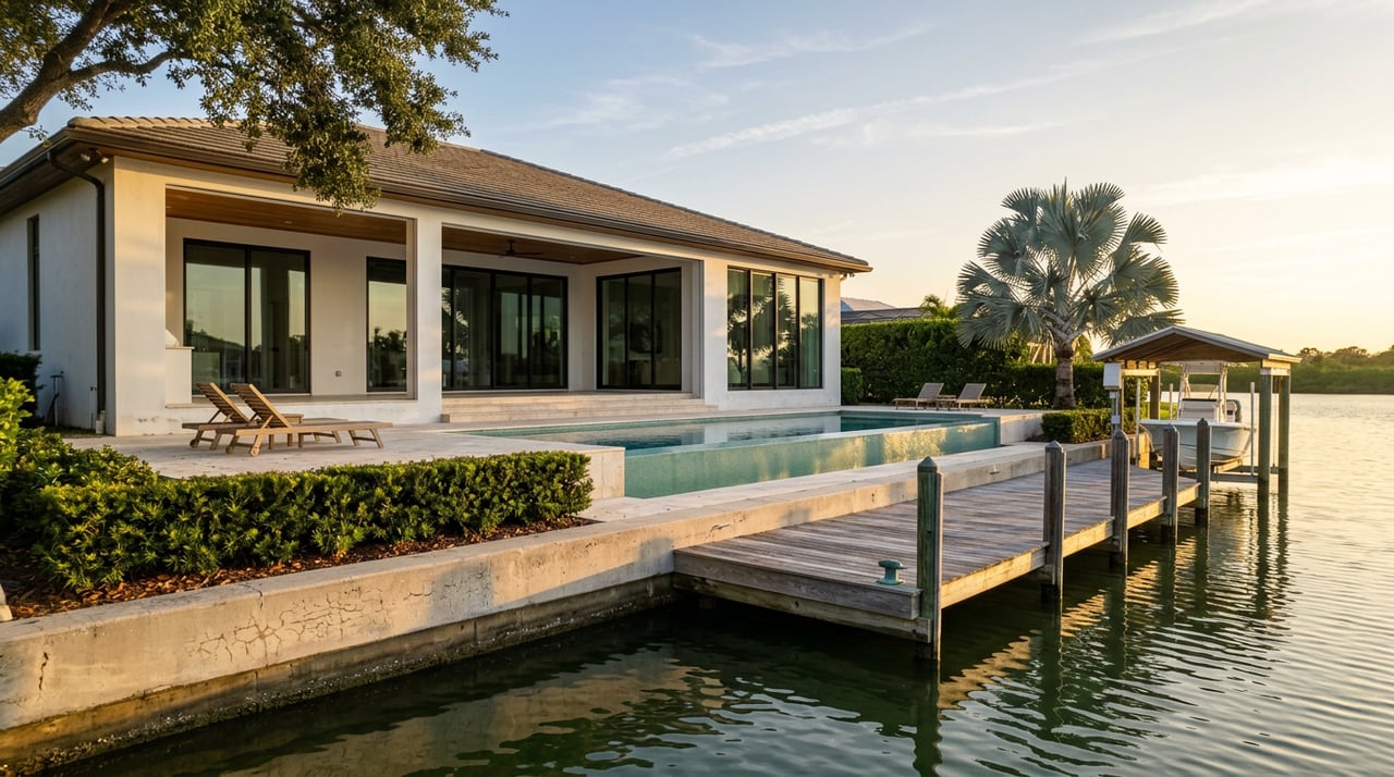 Canal-front home with turquoise pool, silvered dock, and white-hulled boat beneath a lift.