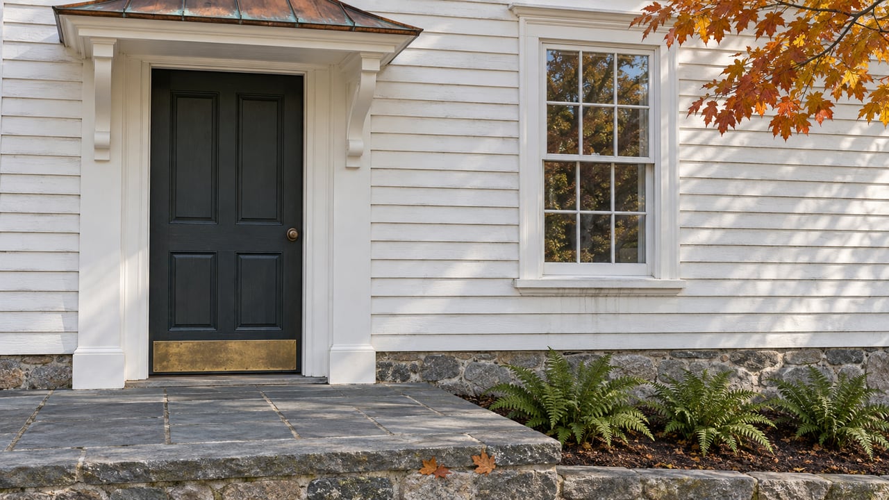 White clapboard home entry with a dark timber door, aged copper canopy, sash window and raised bluestone landing beneath autumn maple leaves.