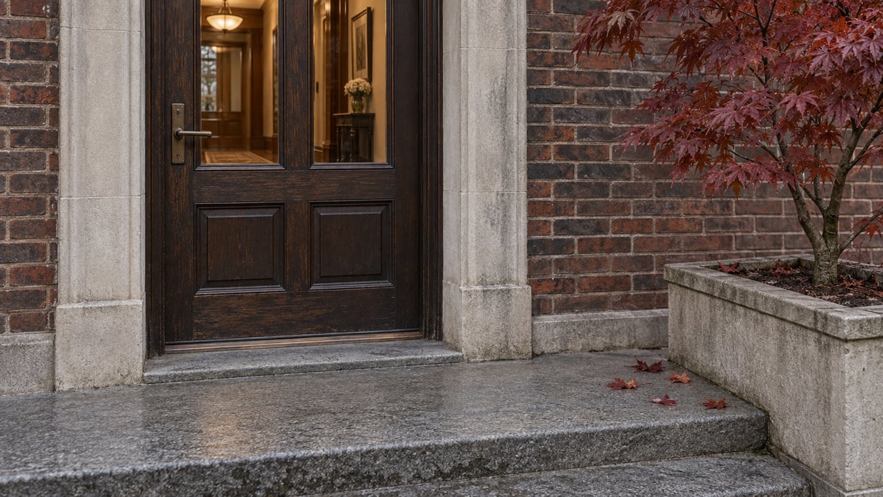 Glazed oak entry door set in limestone and brick above worn granite steps, beside a burgundy-leaved Japanese maple in a stone trough.