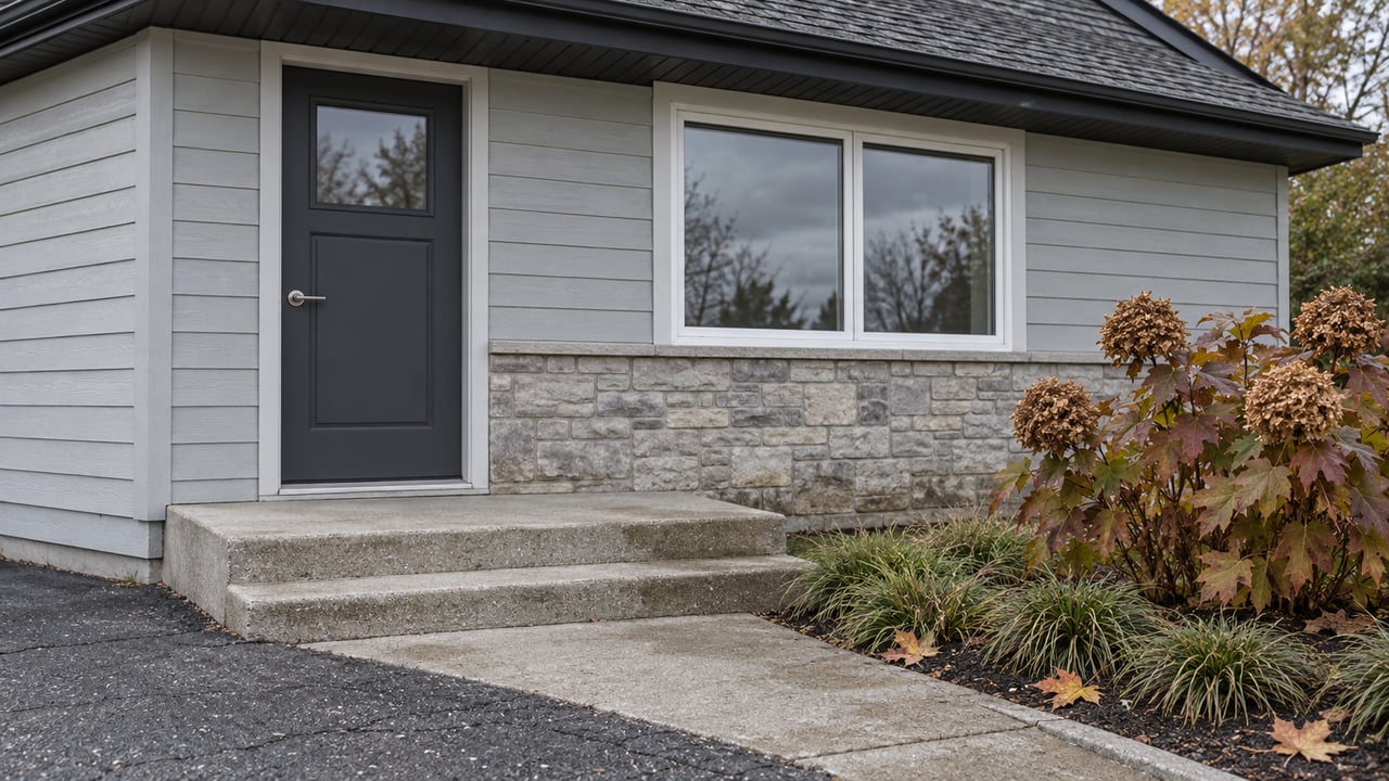 Gray-sided home entrance with charcoal door, limestone base, worn concrete steps and an autumn hydrangea beside the driveway.