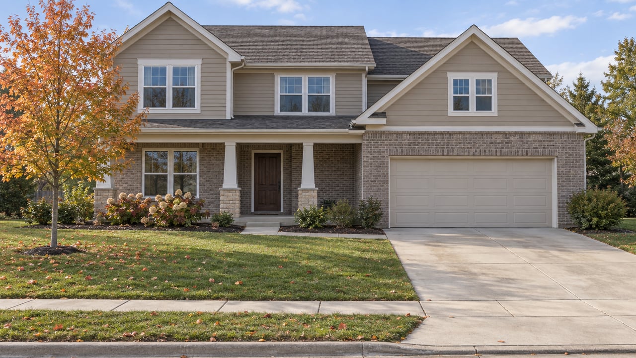 Two-story house with stone lower facade, attached garage, and autumn trees.