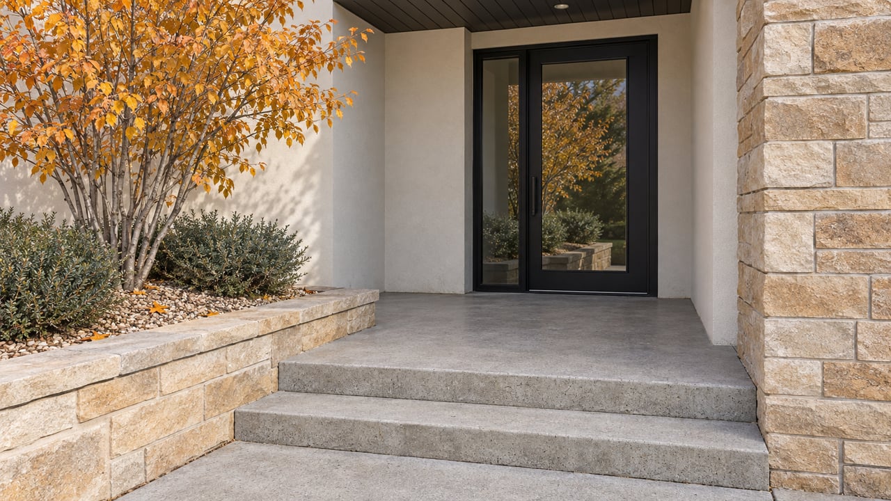 Recessed glass entrance framed by warm stucco and buff sandstone, with concrete steps and autumn serviceberry planting.
